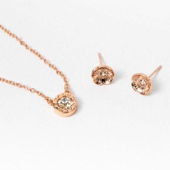 COACH SET Necklace Earrings - Open Circle Necklace + Tea Rose Stud Earrings NEW - Picture 2 of 3